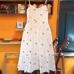 White Eyelet Lace Dress Red Floral Embroidery